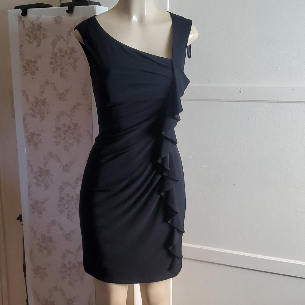 Suzi Chin for Maggy Boutique Dressy Black Dress with Ruching and Ruffles Size 6